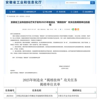 入选安徽省2025年制造业“揭榜挂帅”攻关任务揭榜单位